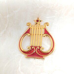 Metropolitan Museum of Art MMA Lute harp Christmas pin Red & 18k Gold Plate 2"